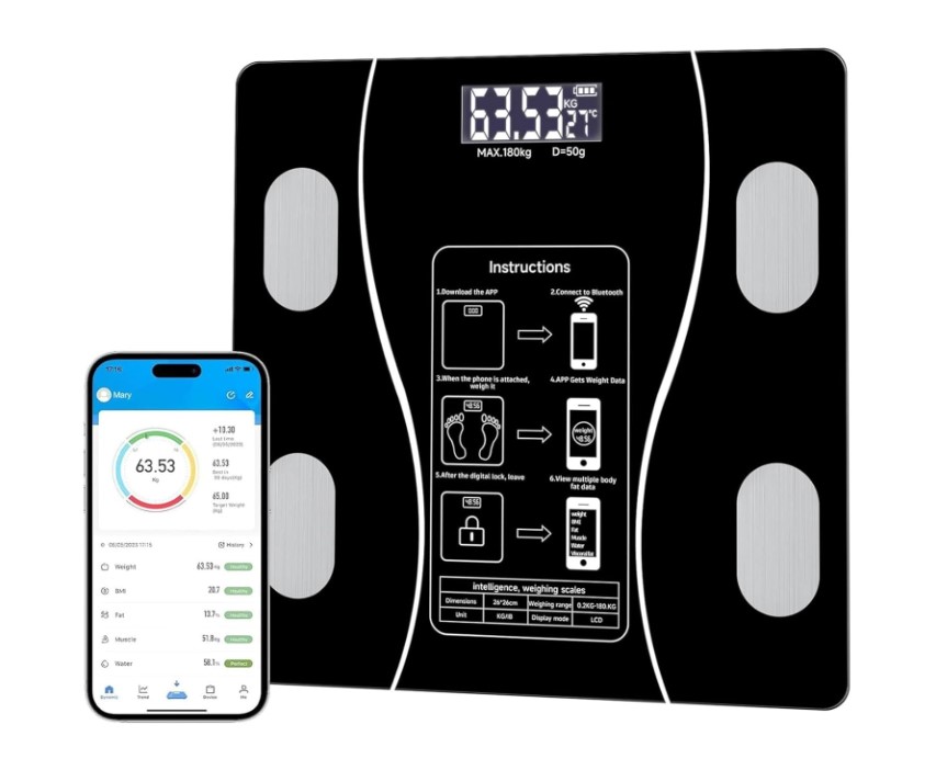 EMTU LİFE AKILLI DİJİTAL BANYO BASKÜLÜ TARTI VÜCUT ANALİZ LCD EKRAN (YAĞ-KAS-SU-KİLO)