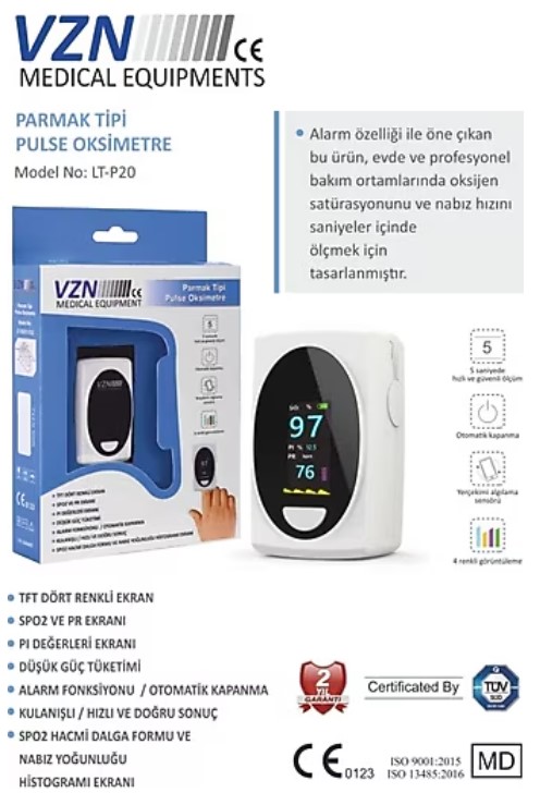 VZN PULSE PARMAK TİPİ OKSİMETRE KAN OKSİJEN NABIZ ÖLÇER, ALARM VE Pİ